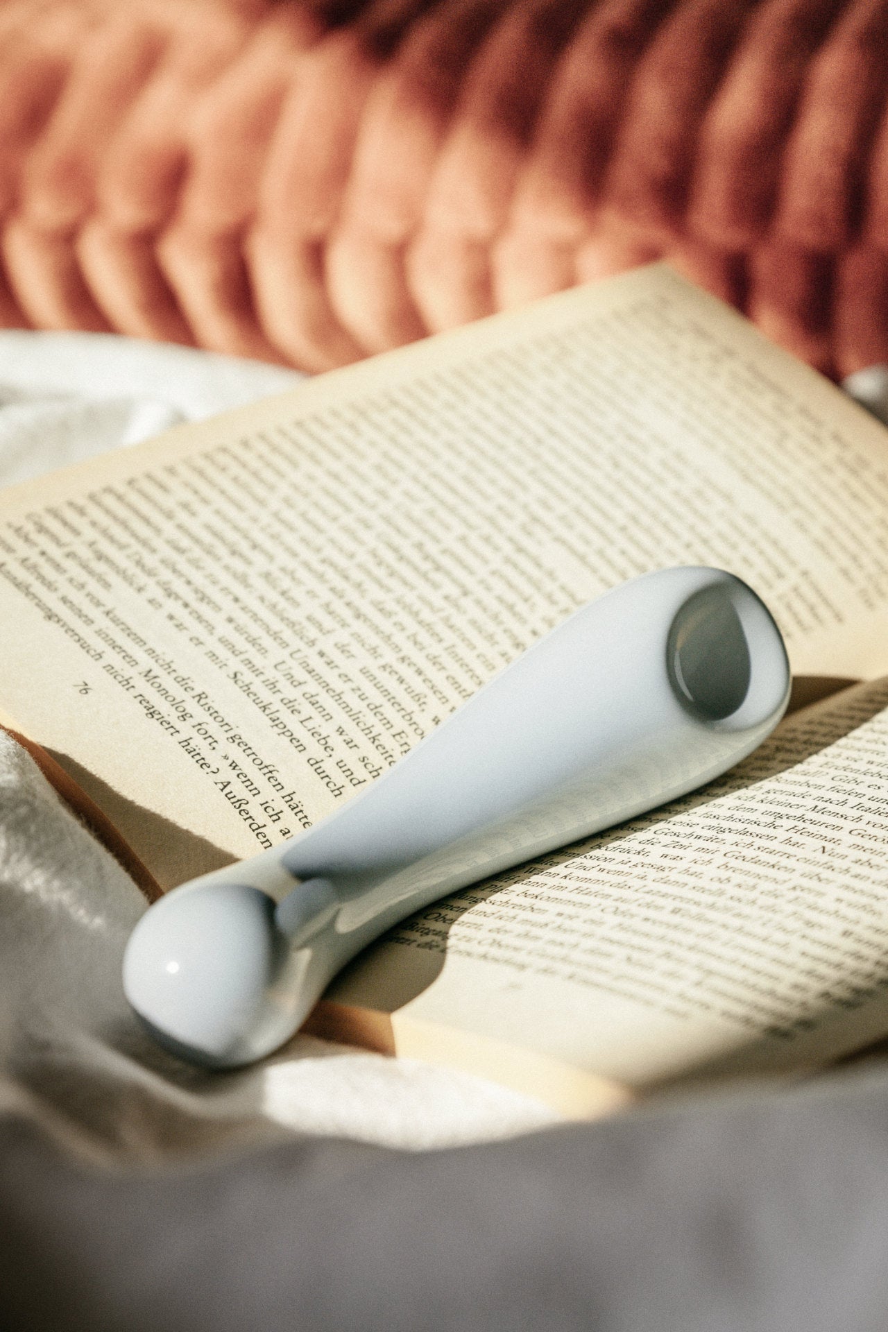 Der Bildausschnitt zeigt den Dildo "Clara" in Blau von der Marke Labim. Er liegt auf einem aufgeschlagenen Buch. Ein Kissen liegt im Hintergrund